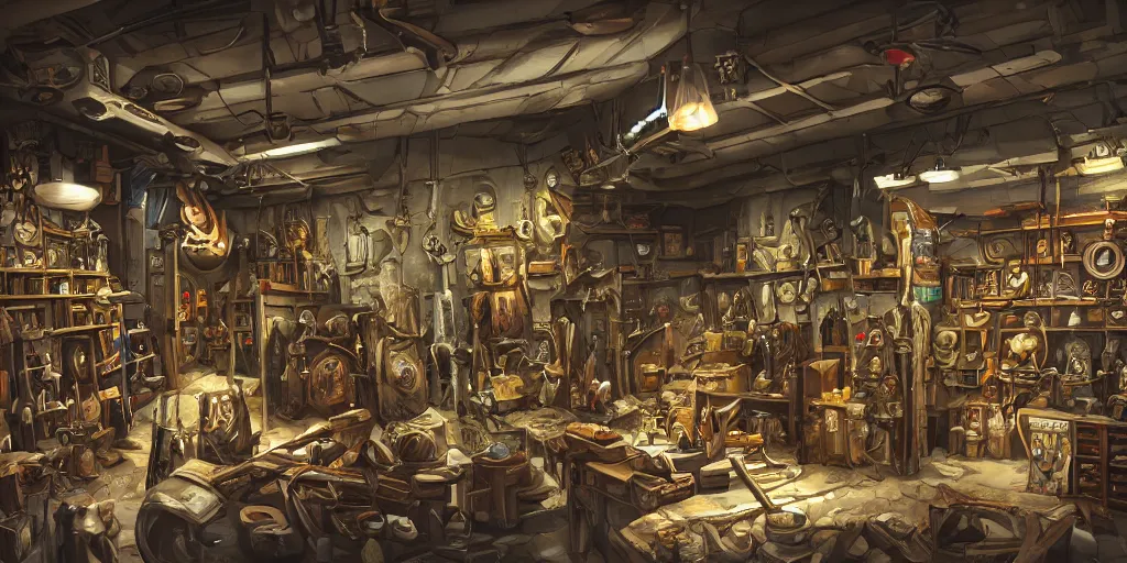 Prompt: Inside an old Weapon Shop, Items on shelves, Swords, Shields, beautiful labels, fantasy vendor interior, wide angle, highly detailed, rich bright colors, trending on artstation