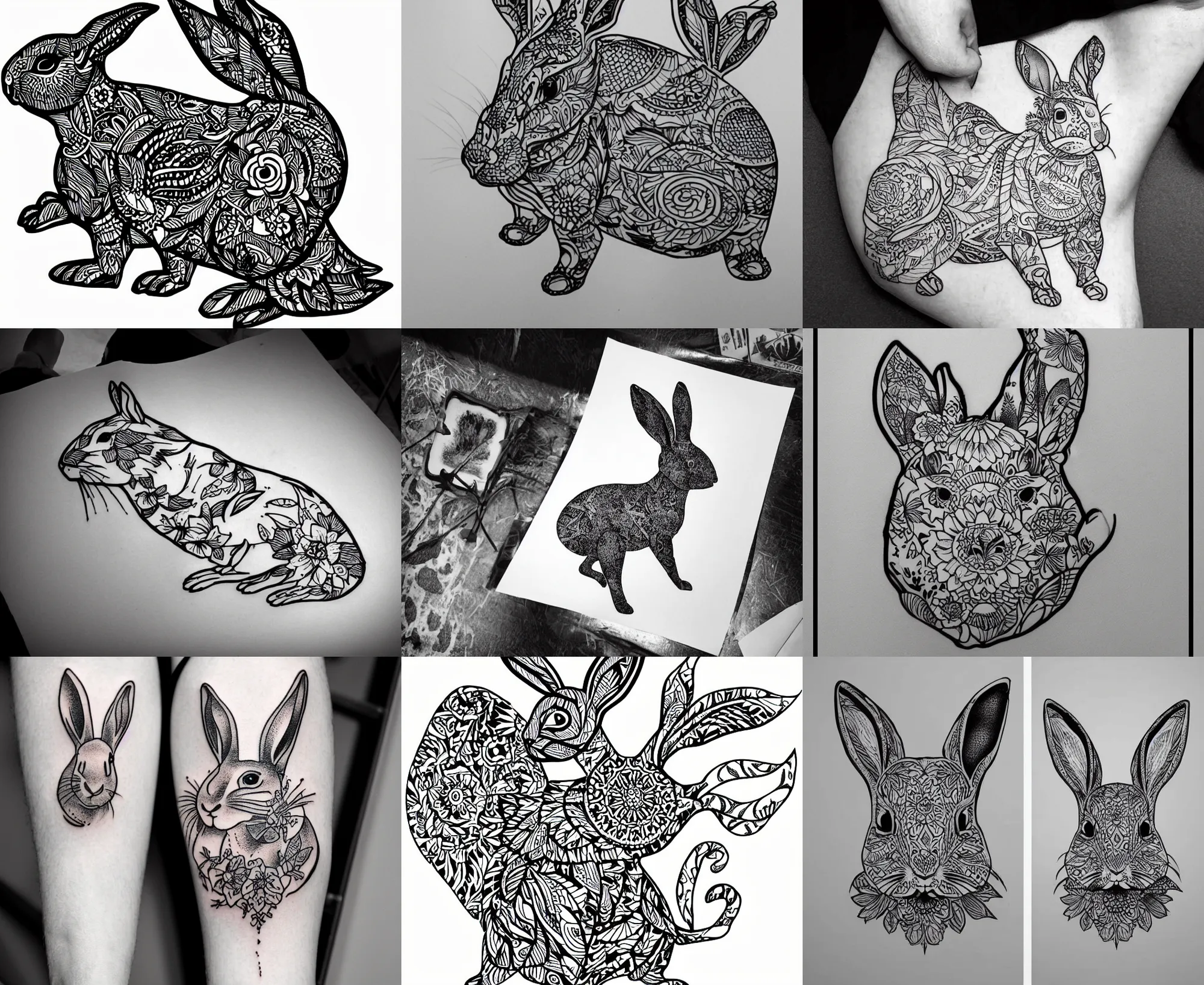 well - detailed tattoo stencil of a baby bunny, bold