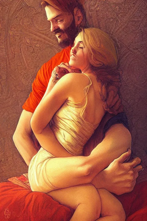 Image similar to portrait of tinfoil hat man in orange t - shirt hugging from behind his wife in a bed, feelings, romantic, fantasy, intricate, elegant, highly detailed, digital painting, artstation, concept art, smooth, sharp focus, illustration, art by artgerm and greg rutkowski and alphonse mucha