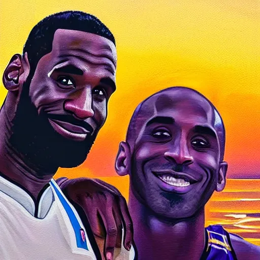 Image similar to lebron james and kobe bryant at the beach, golden hour, majestic painting, couple sitting facing the sunset, holding hands, 2 3, 2 5