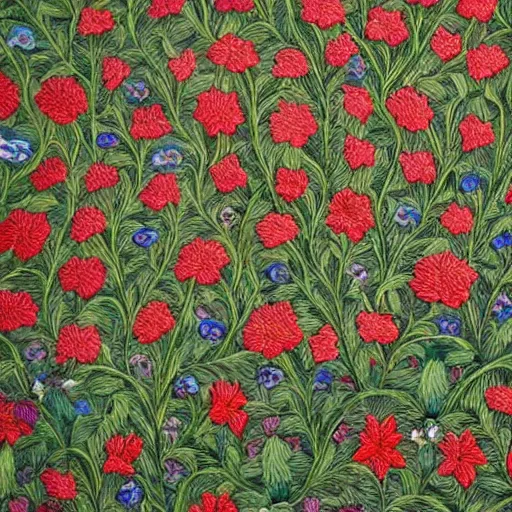 Prompt: a close up view of a wall with flowers on it, a detailed painting by master of the embroidered foliage, featured on behance, arts and crafts movement, intricate, ornate, made of flowers