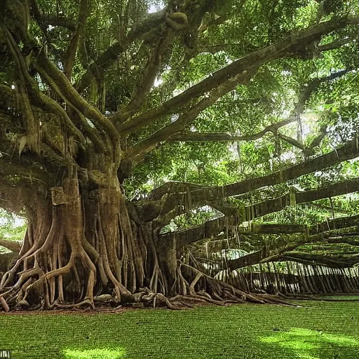 Prompt: The humans live on the edge of extinction, within the canopy layer of a giant banyan tree that covers the continent on the day side of the Earth