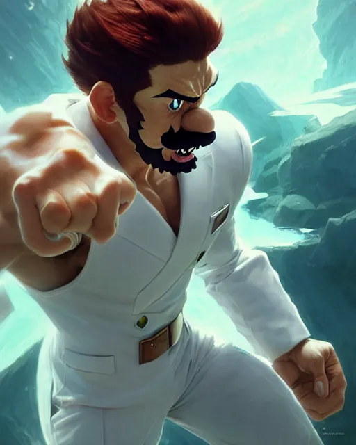 Prompt: gigachad luigi fighting like brock samson in a white suit, fantasy character portrait, ultra realistic, anime key visual, concept art, intricate details, highly detailed by greg rutkowski, ilya kuvshinov, gaston bussiere, craig mullins, simon bisley