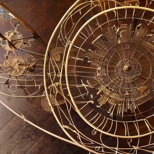 Prompt: a well - lit photo of an intricate steel filigree art nouveau orrery on a wooden table, beautiful, detailed, flowing curves, with colored marble planets and a golden sun