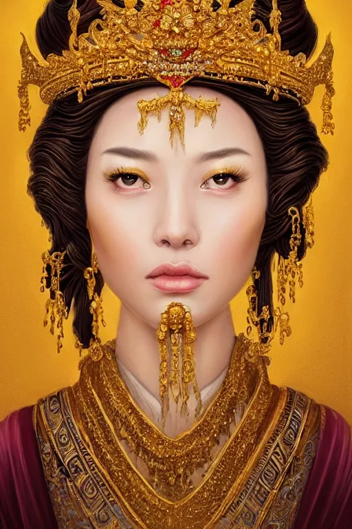 Prompt: a beautiful empress portrait, with a brilliant, impossible striking shiny big gold headpiece, gold clothes, rococo, baroque, jewels, asian, realistic, closeup, D&D, fantasy, intricate, elegant, highly detailed, digital painting, artstation, octane render, 8k, concept art, matte, sharp focus, illustration, art by Artgerm and Greg Rutkowski and Alphonse Mucha