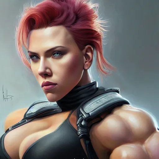 Image similar to detailed portrait of scarlett johansson as a female bodybuilder zarya from overwatch, attractive, beautiful, fantasy, intricate, elegant, highly detailed, digital painting, artstation, concept art, matte, sharp focus, illustration, art by aenaluck, artgerm and roberto ferri and greg rutkowski, epic fantasy, digital painting