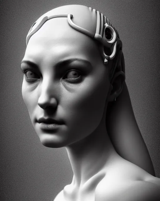 Prompt: dreamy, monochrome, subsurface scattering, white, cyborg goddess in cosmos, black and white, octane render, dino valls, mark ryden, highly detailed, rim light, art, cinematic lighting, very coherent, hyper realism, 8 k