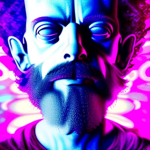 Image similar to terence McKenna posing seductively with psychedelic mushrooms, psychedelic, fractal, cinematic lighting, dramatic, octane render, full body, trending on artstation, perfect facial symmetry, bokeh, 8k, intricate, hyper detailed