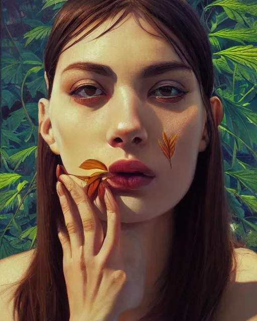 Image similar to an ultradetailed beautiful portrait panting of an anthropomorphic marihuana plant, front view, oil painting, by ilya kuvshinov, greg rutkowski and makoto shinkai