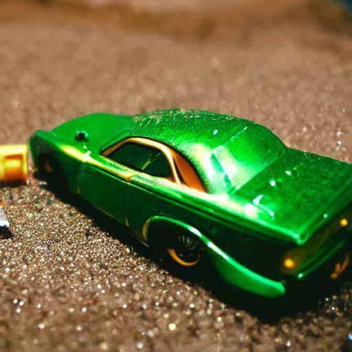 Prompt: 3 5 mm photo of metallic green aquaman car like hot wheels model with a underwater as background