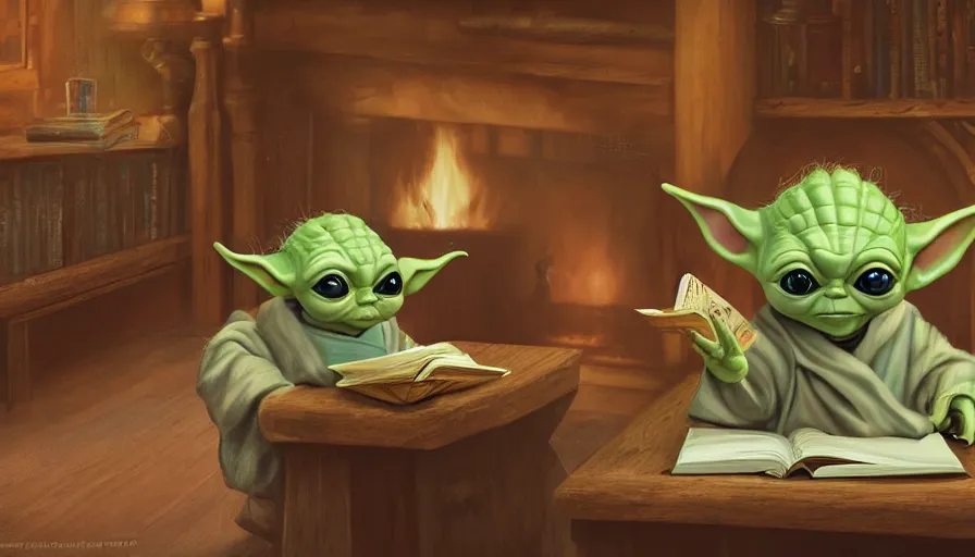 Image similar to baby yoda reading book near the fireplace in the chalet, hyperdetailed, artstation, cgsociety, 8 k