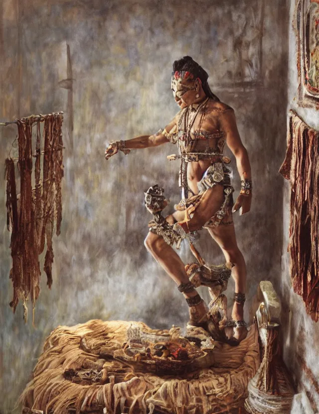 Image similar to mayan jaguar warrior in country house, cottage core, cinematic focus, polaroid photo bleached vintage pastel colors high - key lighting, soft lights, foggy, by steve hanks, by lisa yuskavage, by serov valentin, by tarkovsky, detailed, oil on canvas