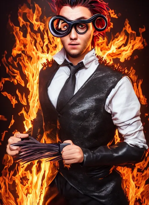 Image similar to An epic fantasy comic book style portrait painting of young man with red spiked long hair, using googles. Wearing a black waistcoat, white shirt. Fire on his hands. Unreal 5, DAZ, hyperrealistic, octane render, cosplay, RPG portrait, dynamic lighting