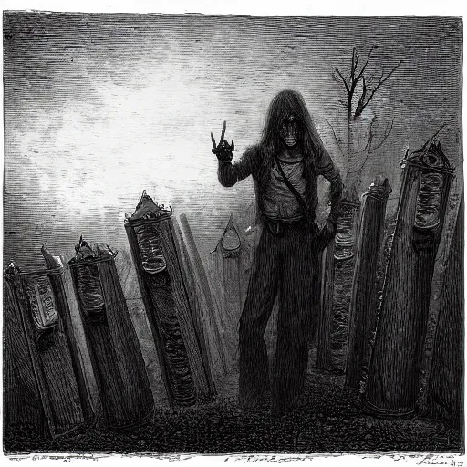 Prompt: 9 steel barrels in a graveyard, zombies, creepy atmosphere, dark, portrait, realistic, very realistic, illustration by gustave dore