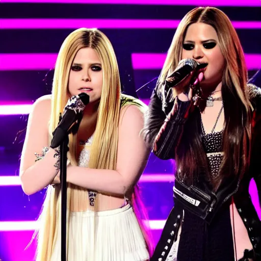 Image similar to Avril Lavigne and Demi Lovato preforming live on stage at the Grammys, high quality, HD, 4k, 8k