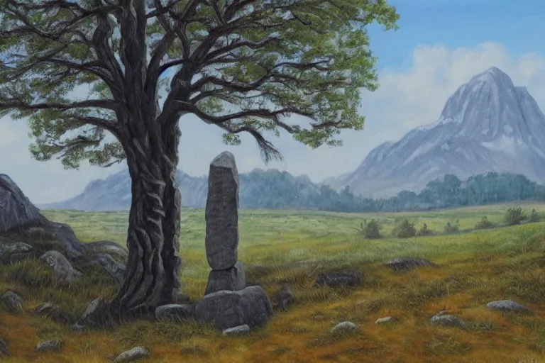 Prompt: runestone, monument, megalithic, nature, trees, mountains, focused, centered, very detailed, oil painting