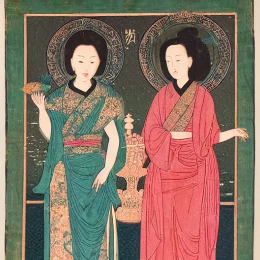 Image similar to portrait of 2 different asian looking girls close up one look away one is holding lotus flower in iconography style theophanes the greek glitter chinese ornament dress swan