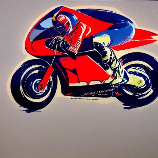 Image similar to photorealistic picture, by bob peak and alex ross, moto gp ads in 1 9 9 0 s, gouache and wash paints, fine details, fine intricate, fine facial proportionate, fine body proportionate, fine fix broken line, fine fix duplicate line, smooth sharp focus, sharp focus