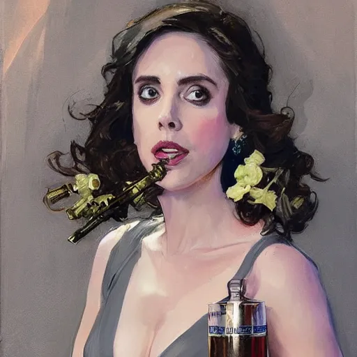 Image similar to alison brie wearing a tuxedo, holding a martini and a silenced pistol, intricate, elegant, highly detailed, greg manchess, mucha, liepke, ruan jia, jeffrey catherine jones, ridley scott