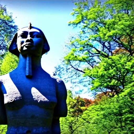 Prompt: sphinx head in central park new york drone footage shot on arri alexa flat light high detail blue sky s - log