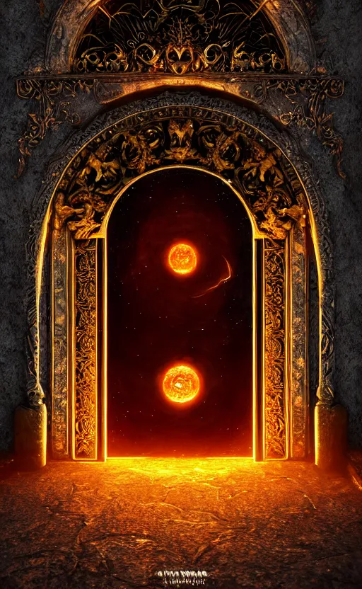 Image similar to a ornamental gate into stars a demon emerges from it, ornament, intarsia, portal, doorway, dynamic lighting, ambient lighting, atmospherical, photorealistic fantasy concept art, trending on art station, stunning visuals, creative, cinematic, ultra detailed