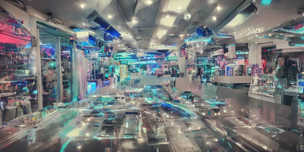 Image similar to a photo of a clean alien sword shop, futuristic, holographic, 8k, sharp focus, fujifilm