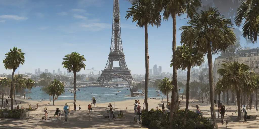 Image similar to landscape of the beautiful city of paris built in california, amazing sunny weather, eiffel tower next to the beach, palm trees, splendid haussmann architecture, digital painting, highly detailed, intricate, without duplication, art by craig mullins, greg rutkwowski, concept art, matte painting, trending on artstation, octane render, 8 k