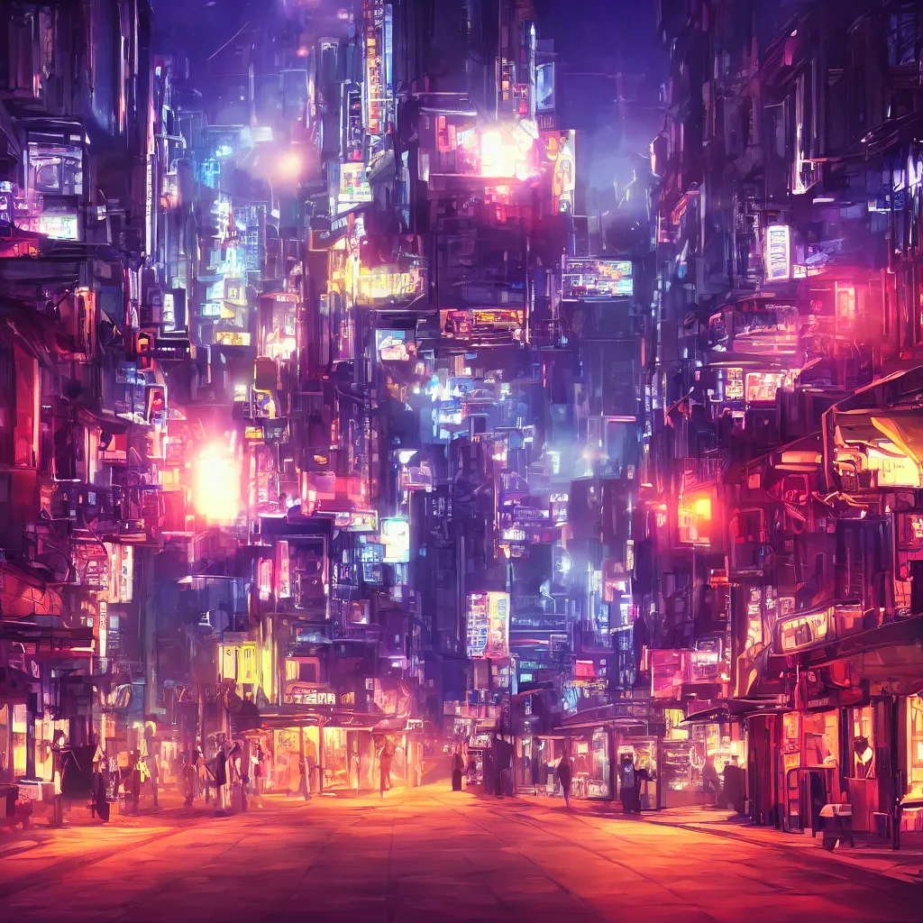 Image similar to futurisitc western street background at night, anime, painting, 4 k