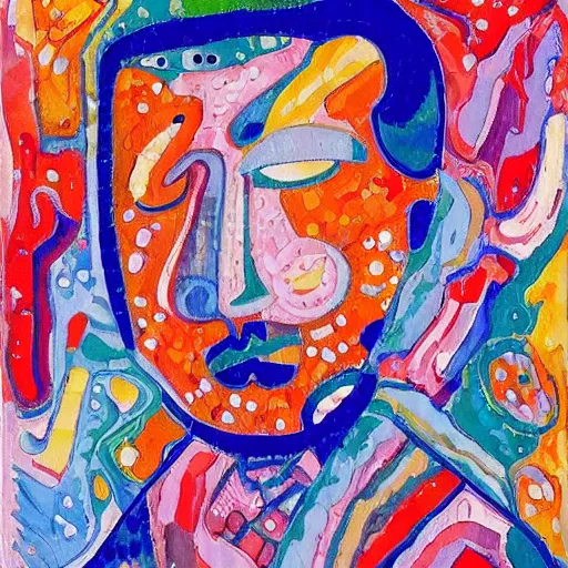 Image similar to by regina valluzzi, by marie laurencin swirling isometric 3 d. a painting of a man with a large head, sitting in a meditative pose. his eyes are closed & he has a serene look on his face. his body is made up of colorful geometric shapes & patterns that twist & turn in different directions.