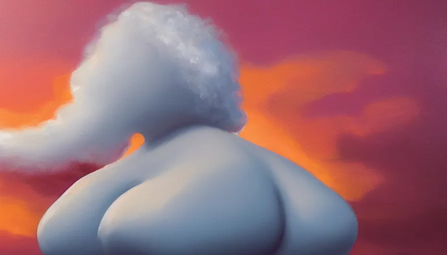 Prompt: painting of a beautiful curvy woman who looks like a cloud, realistic, detailed, orange / pink sky, dreamy