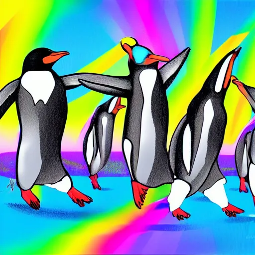 Image similar to A pack of penguins dancing in a rave party, illustration, artsation, smooth, official