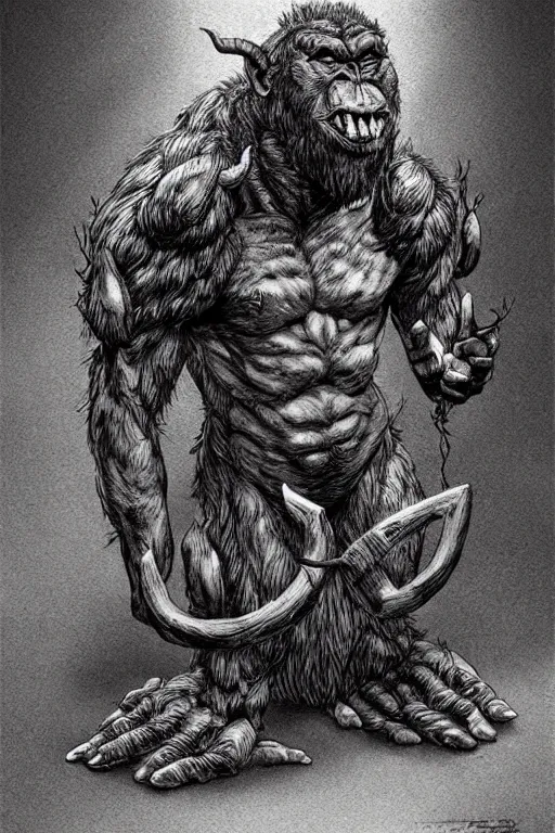 Image similar to humanoid hunched figure troll with 1 horn, ogre, ape, highly detailed, digital art, sharp focus, trending on art station, kentaro miura manga art style