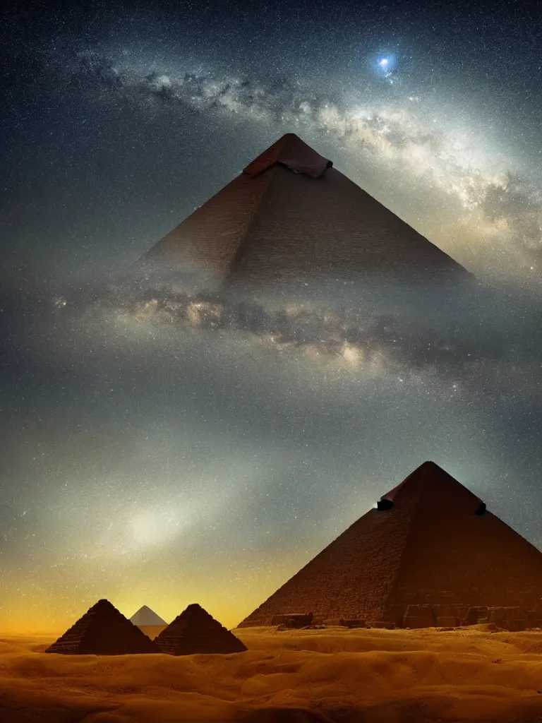 Image similar to alien mothership hovering over egypt pyramids hyperrealistic dark tones bright night milky way visible