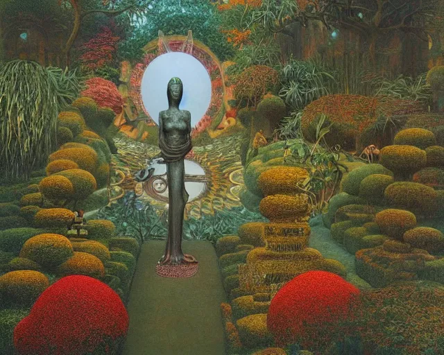 Image similar to a pagan luscious garden with amazing little altars and japanese plants with a gigantic statue of an ancient god stretching its arms above the garden by beksinski, digital art, oil painting, colorful, artstation, australian tonalism escher