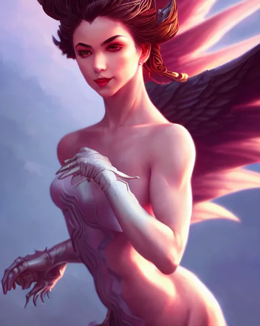 Image similar to 3 / 4 view of woman with wings, confident pose, pixie character, video game genshin impact, intricate, elegant, sharp focus, illustration, highly detailed, concept art, matte, magali villeneuve, artgerm, anime, trending on artstation