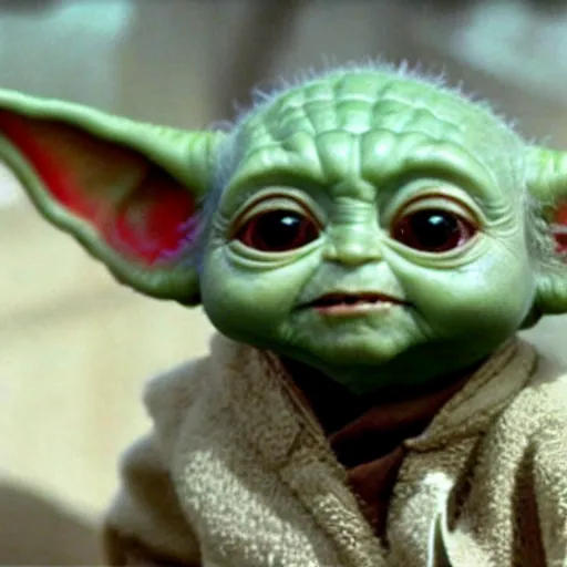 Prompt: (((((((baby yoda))))))) played by Betty White, trying to eat a cute alien grasshopper, happy, happy, very cute, promotional image, imax 70 mm footage