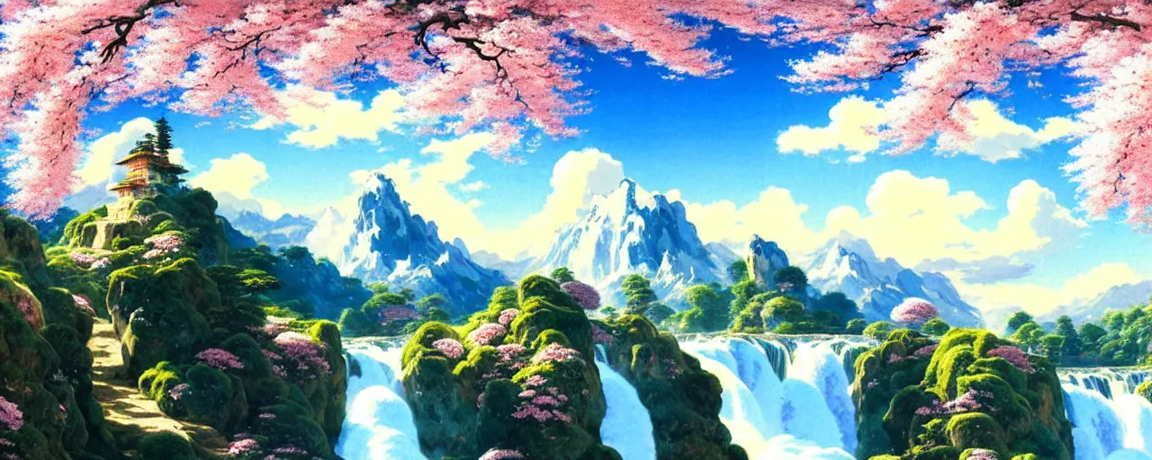 Prompt: ghibli illustrated background of a strikingly beautiful blue sky with puffy white clouds over a flowery rocky grassy mountain valley with waterfalls, and with cherry blossoms by eugene von guerard, ivan shishkin, john singer sargent, 4 k