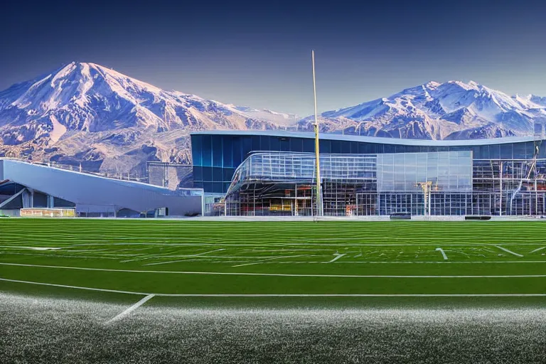 Prompt: architecture photo modern fachwerk football stadium with Elbrus mountain on the background, architecture, photorealism 8k , shining and happy atmosphere, uplight, high details