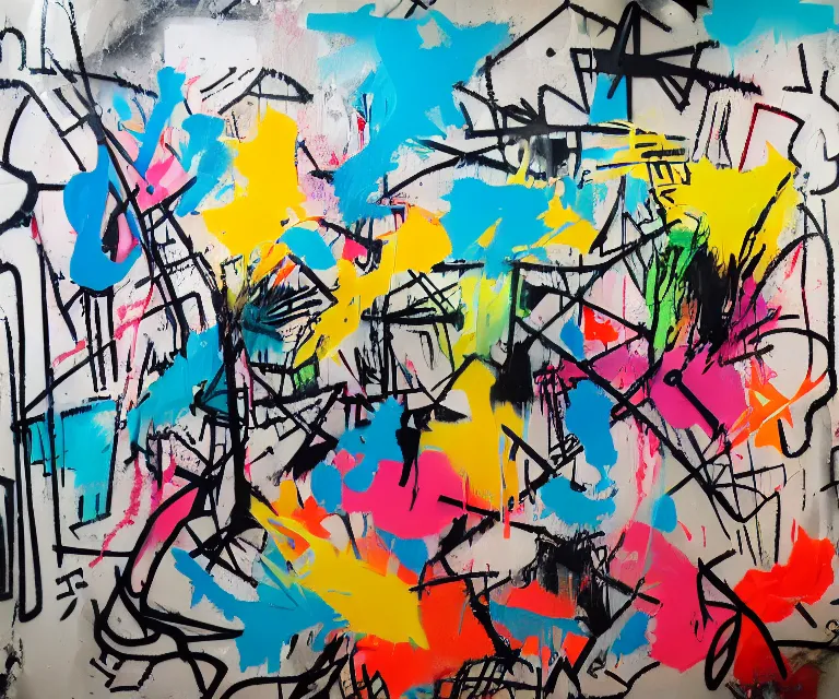Image similar to acrylic and spraypaint, painting, paint drips, acrylic, graffiti throws, graffiti bubble letters, wildstyle, clear shapes, spraypaint, smeared flowers, origami crane drawings, oil pastel gestural lines, large triangular shapes, painting by ashley wood, basquiat, masterpiece