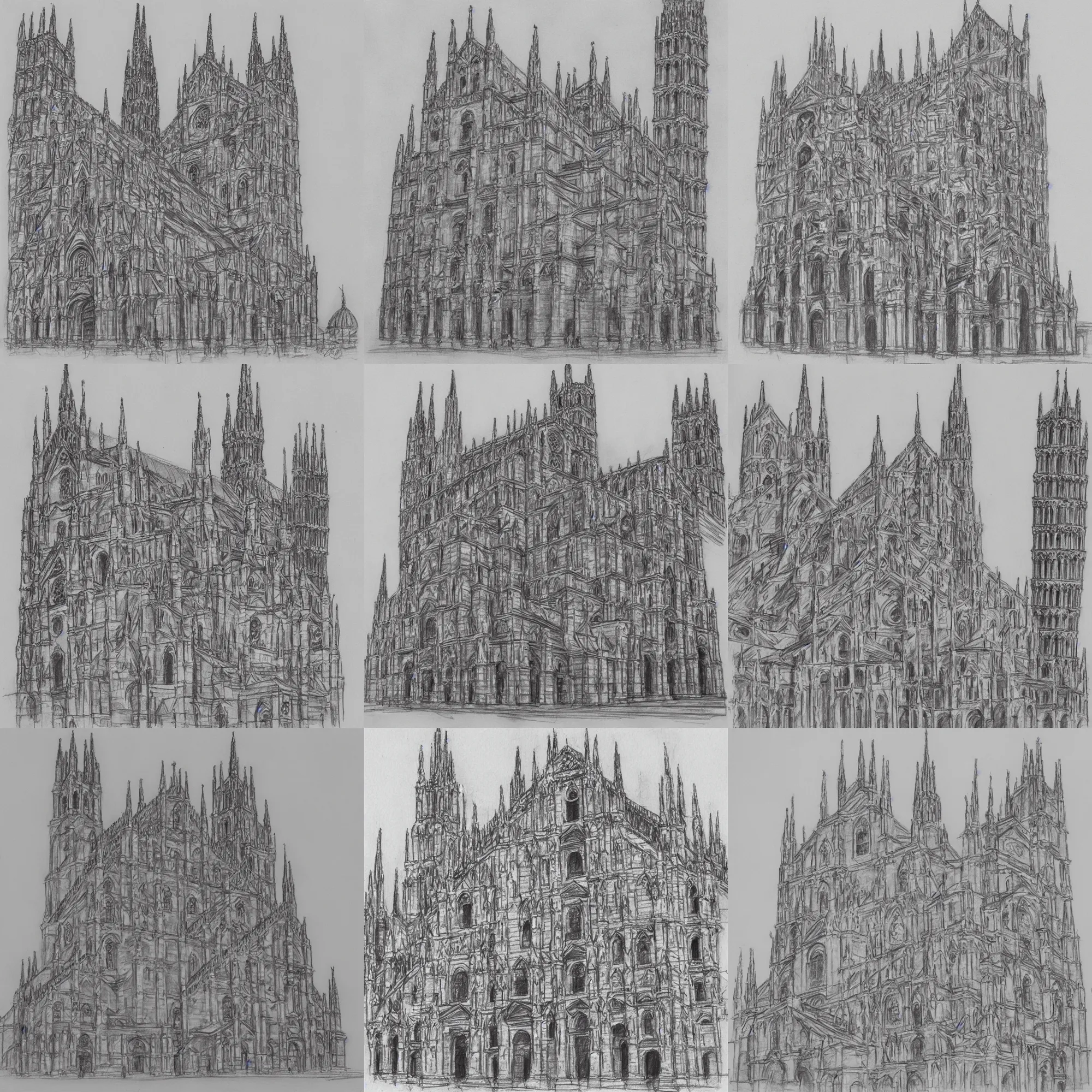 Prompt: Milan cathedral and the leaning tower of Pisa, pencil sketch