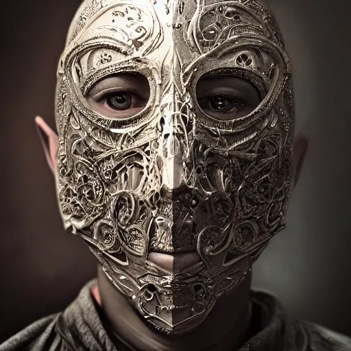 Prompt: Very very very very highly detailed epic central composition studio photography of face with venetian mask, intricate, dystopian, sci-fi, extremely detailed, digital painting, artstation, concept art, smooth, sharp focus, illustration, intimidating lighting, incredible art by Tokujin Yoshioka and Anton Pieck