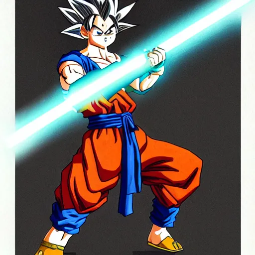 Image similar to Goku wearing a brown floor length rober welding a lightsaber, sci Fi, concept art, detailed, stylized