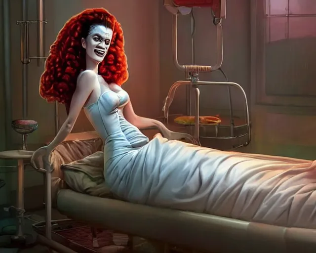 Image similar to phtorealistic modern pin up of the bride of frankenstein posing in a bed in the room of a sanatarium, full body, campy color scheme, realistic, center, smooth, detailed, aly fell, daniela uhlig