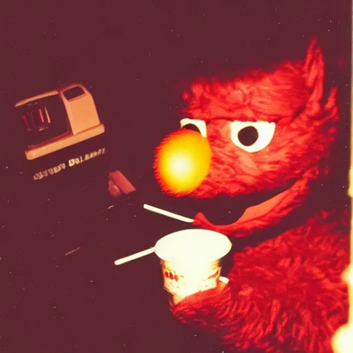 Prompt: disposable camera flash photo of elmo sniffing powdered sugar through a straw in a dark night club bathroom