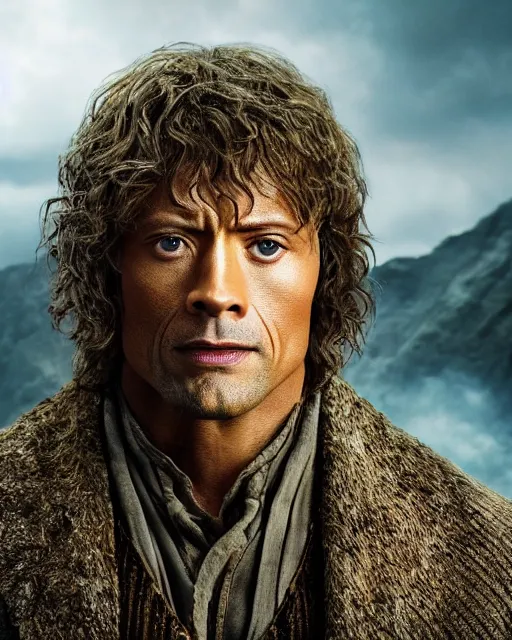 Image similar to Film still close-up shot of Dwayne Johnson as Bilbo Baggins from the movie The Hobbit. Photographic, photography