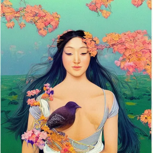 Image similar to A beautiful painting of a woman is shown from behind, her body slightly blurred as if in motion. Her long hair cascades down her back, and she is holding a small bird in her hand. full of color by Hikari Shimoda, by Maxfield Parrish, by Siya Oum rendered in octane