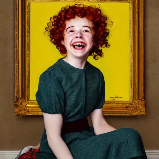 Image similar to Sophia Lillis with long, curly red hair, she is laughing, she is wearing a yellow dress, portrait by Norman Rockwell,