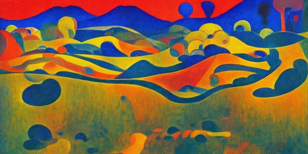 Image similar to An insane, modernist landscape painting. Wild energy patterns rippling in all directions. Curves, organic, zig-zags. Mountains, clouds. Rushing water. Waves. Psychedelic dream world. Odilon Redon. Tarsila do Amaral.