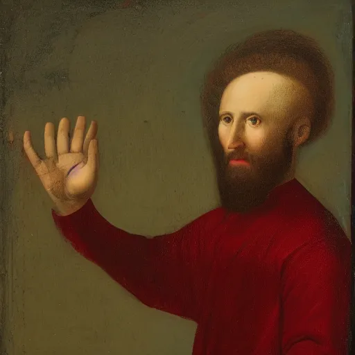 Prompt: a portrait of man with hand growing from his head, holding a red crystal