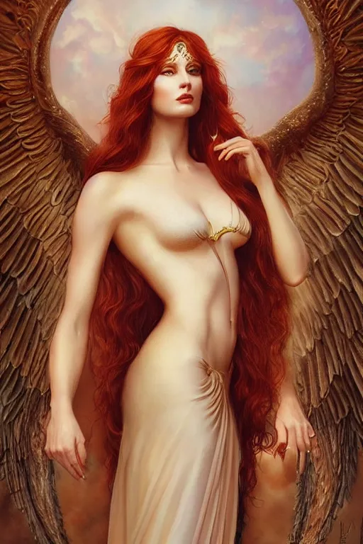 Prompt: ultra realist soft painting of a single beautiful mythical goddess in a full long curvy slim dress, thin long auburn hair, symmetry accurate features, very intricate details, volumetric lighting, by Tom Bagshaw Boris Vallejo